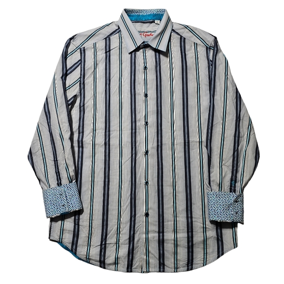 Robert Graham Shirt Mens Large Gray Blue Stripes Long Sleeve Button Up Flip Cuff - Picture 1 of 9